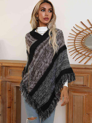 Warm Wrap V-Neck Fringe Poncho - MXSTUDIO.COM