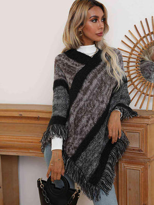 Warm Wrap V-Neck Fringe Poncho - MXSTUDIO.COM