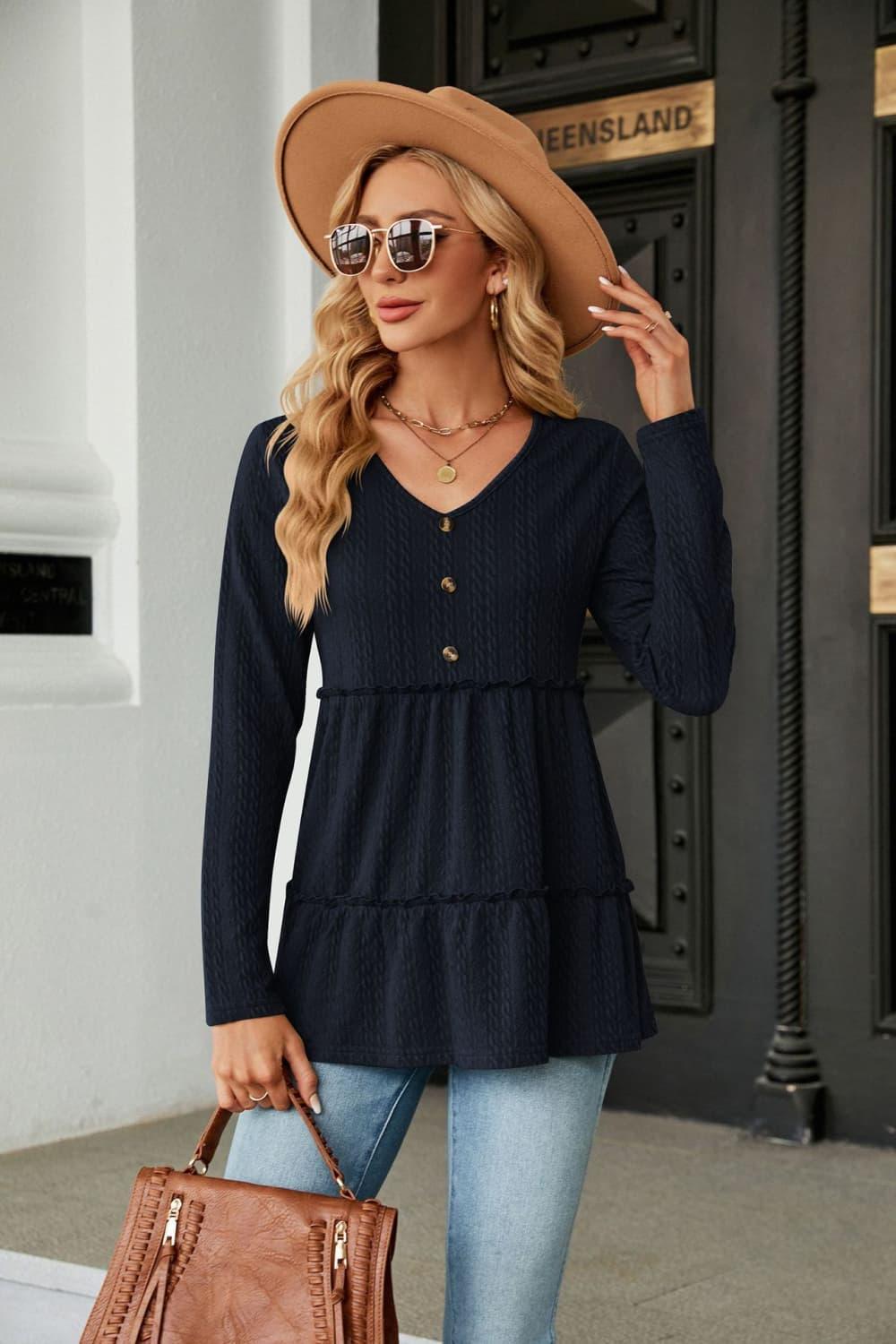 Warmth And Style Cable-Knit Long Sleeve Babydoll Top - MXSTUDIO.COM