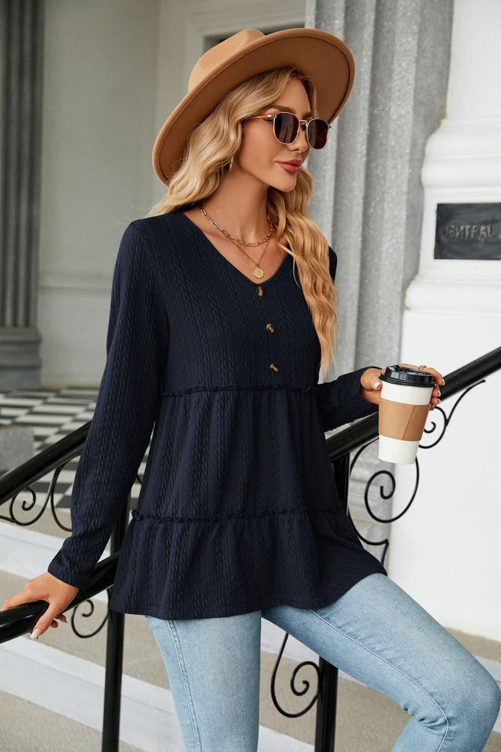 Warmth And Style Cable-Knit Long Sleeve Babydoll Top - MXSTUDIO.COM