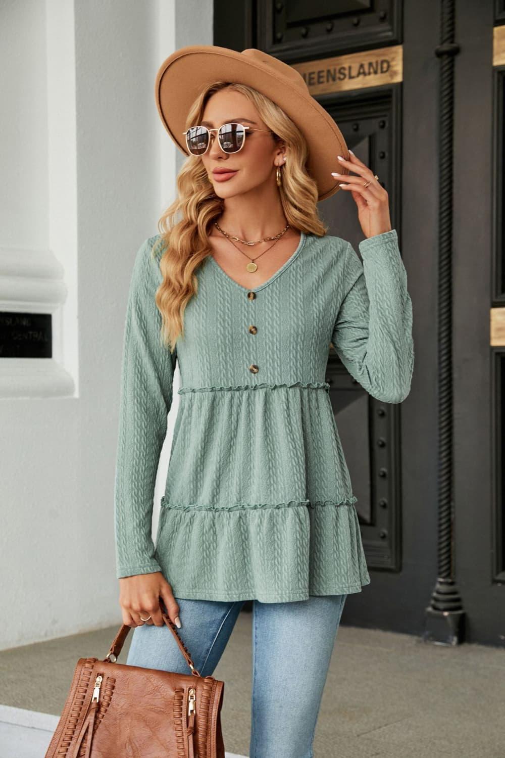 Warmth And Style Cable-Knit Long Sleeve Babydoll Top - MXSTUDIO.COM