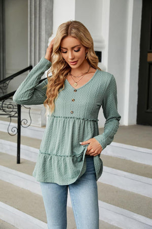 Warmth And Style Cable-Knit Long Sleeve Babydoll Top - MXSTUDIO.COM