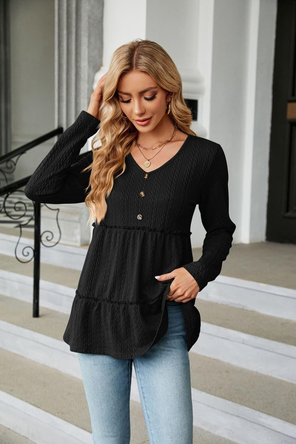 Warmth And Style Cable-Knit Long Sleeve Babydoll Top - MXSTUDIO.COM