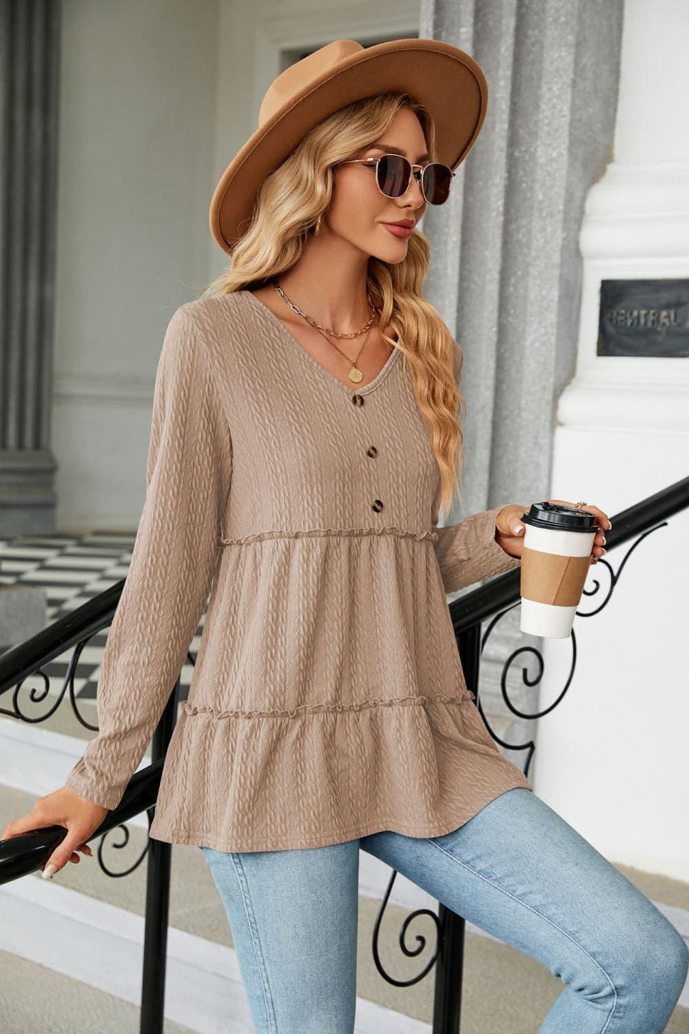 Warmth And Style Cable-Knit Long Sleeve Babydoll Top - MXSTUDIO.COM