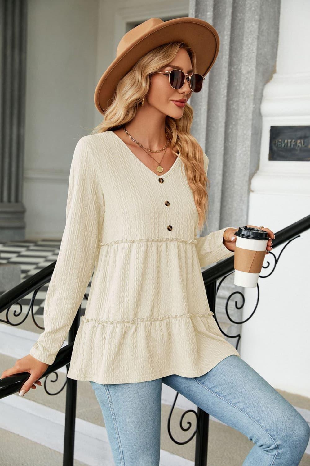 Warmth And Style Cable-Knit Long Sleeve Babydoll Top - MXSTUDIO.COM