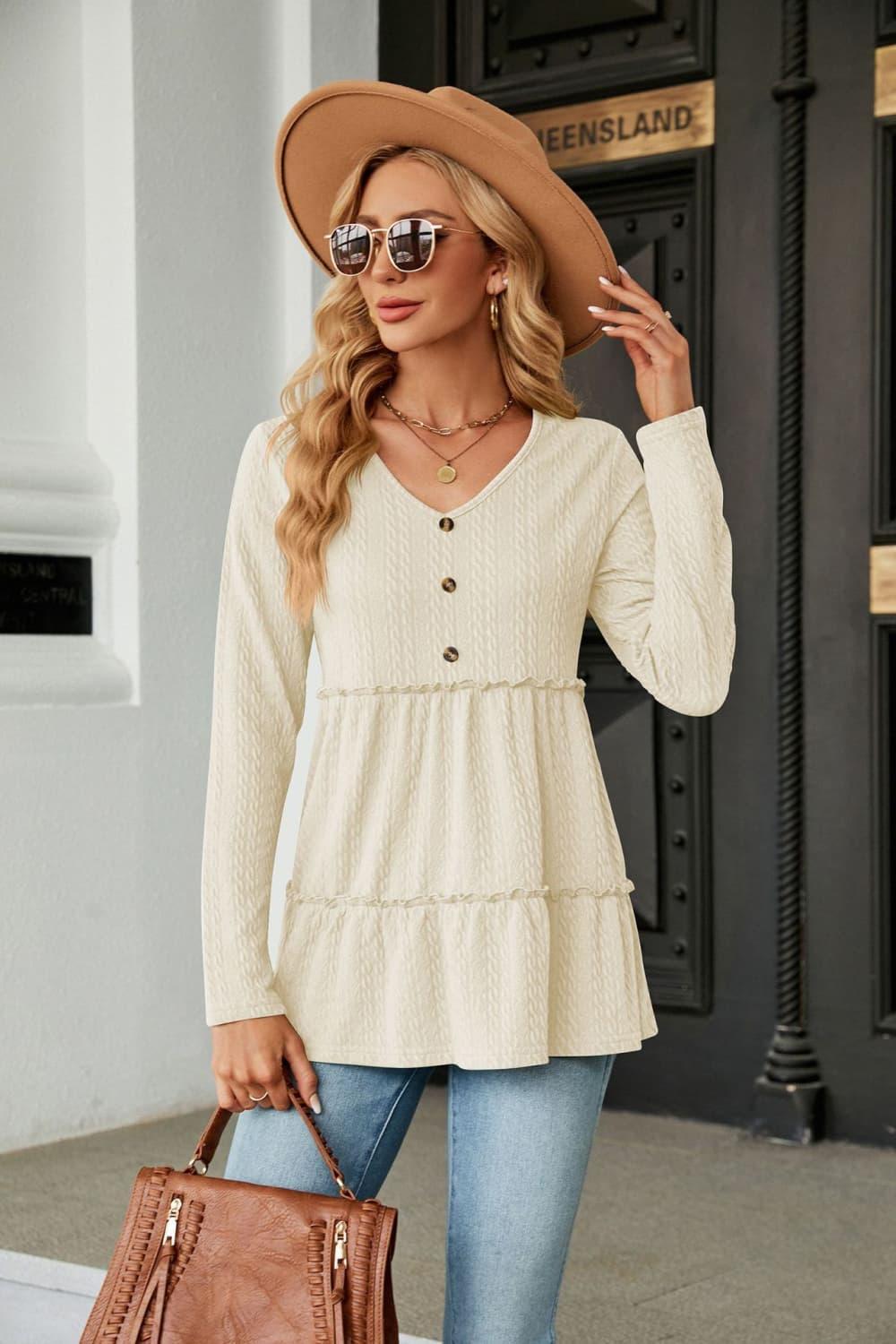 Warmth And Style Cable-Knit Long Sleeve Babydoll Top - MXSTUDIO.COM