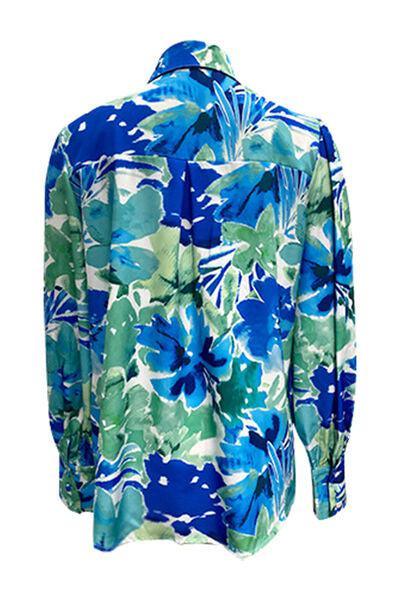 a blue and green shirt with flowers on it