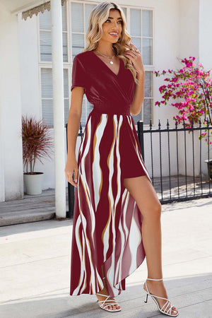 a woman in a red and white striped dress