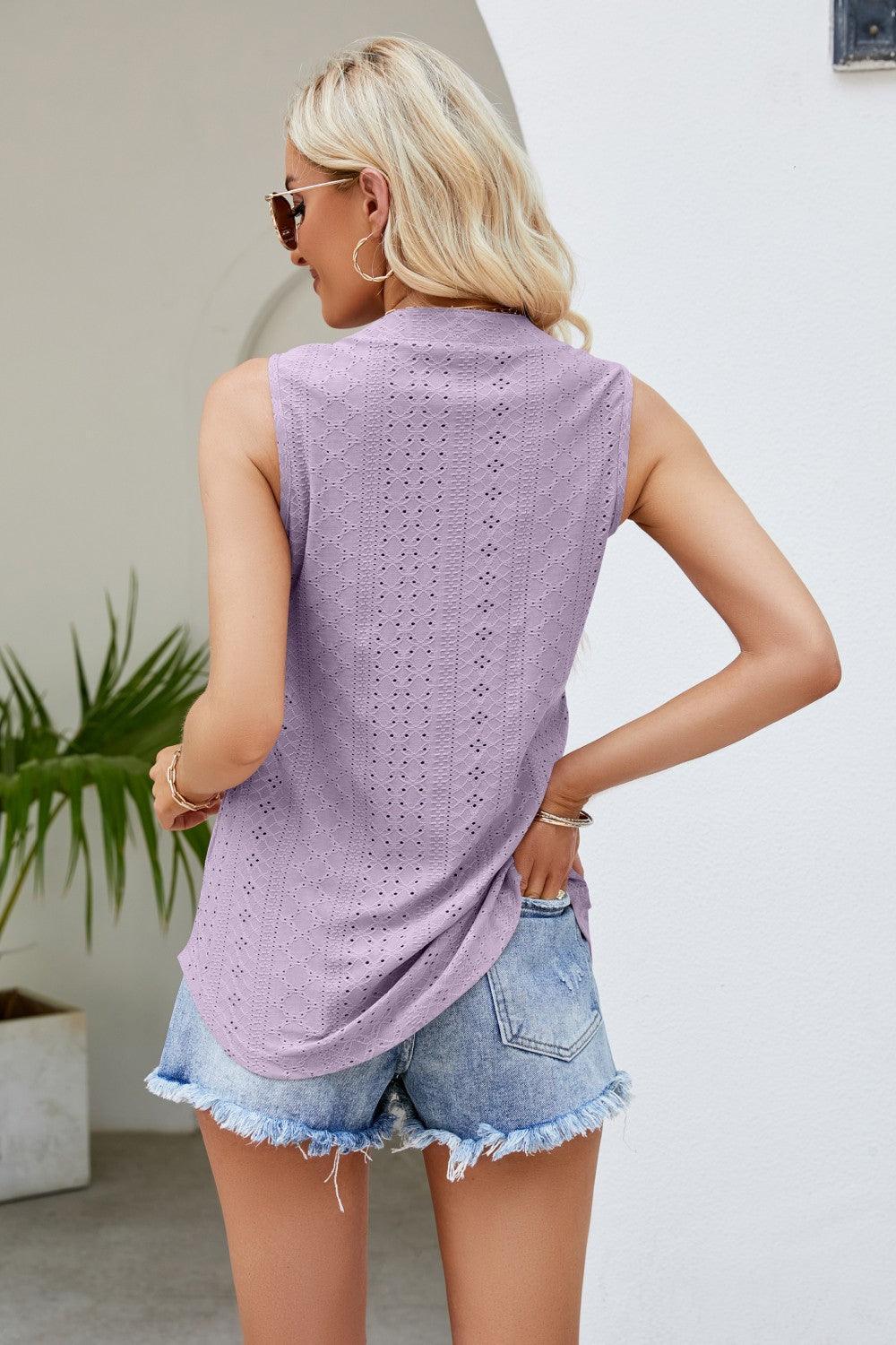 Wear All Day Notched Neck Eyelet Tank Top - MXSTUDIO.COM