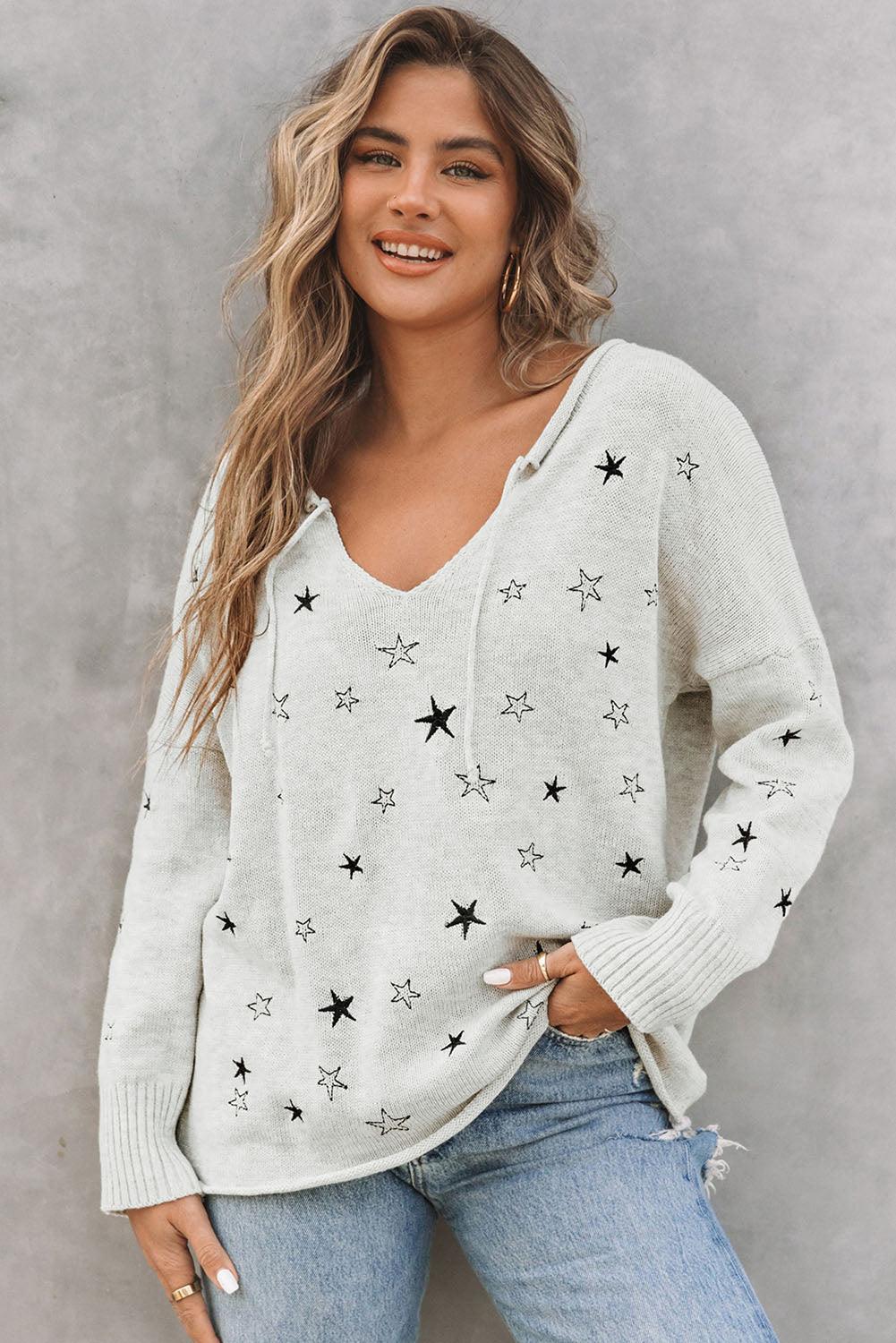 Wear All Day Ribbed Knit V-Neck Star Sweater - MXSTUDIO.COM