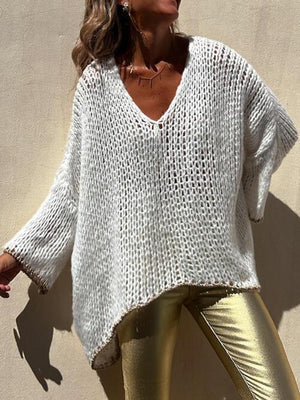 Wear Any Season V-Neck Open Knit Crochet Sweater-MXSTUDIO.COM