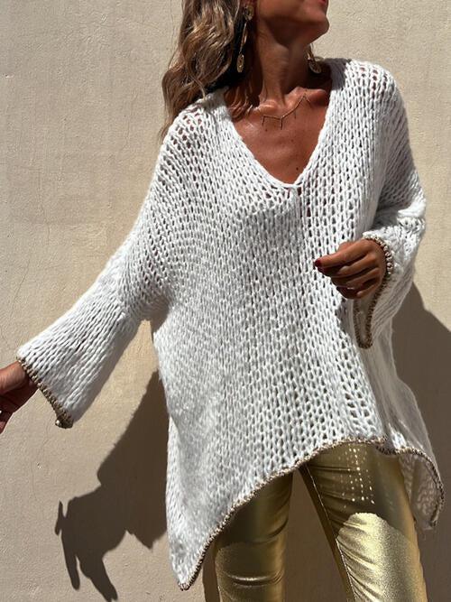 Wear Any Season V-Neck Open Knit Crochet Sweater-MXSTUDIO.COM