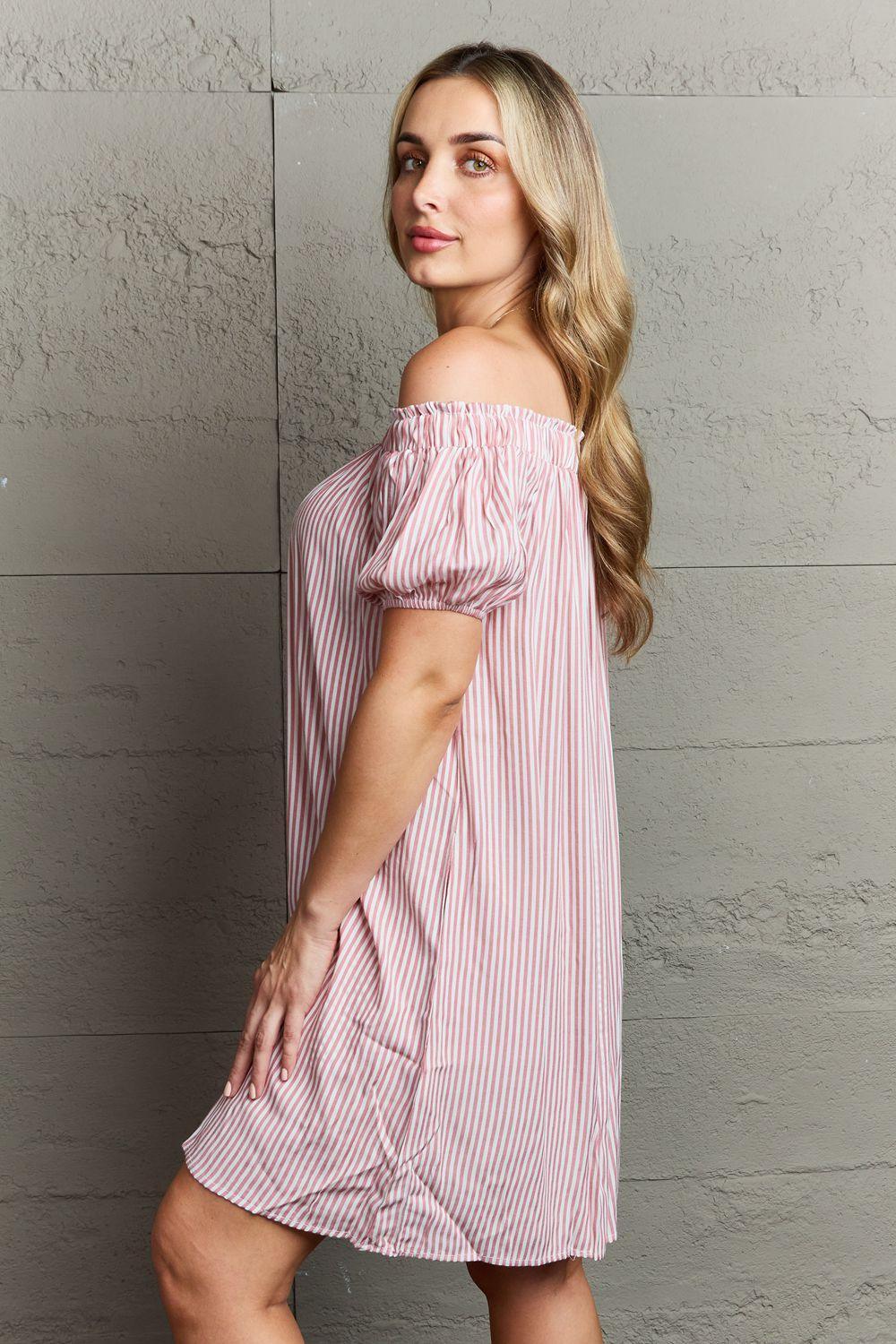 Wear Everyday Striped Off The Shoulder Shift Dress - MXSTUDIO.COM