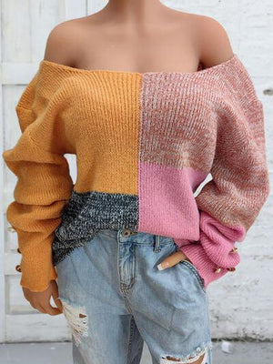 Wear In Two Ways Color Block Knitted Sweater-MXSTUDIO.COM