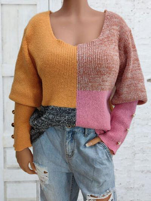 Wear In Two Ways Color Block Knitted Sweater-MXSTUDIO.COM