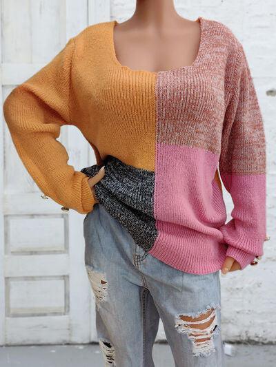 Wear In Two Ways Color Block Knitted Sweater-MXSTUDIO.COM