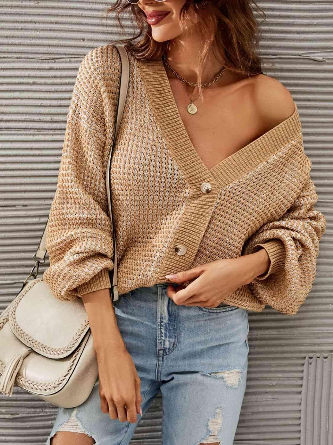 Weather Protect V-Neck Lantern Sleeve Cardigan-MXSTUDIO.COM