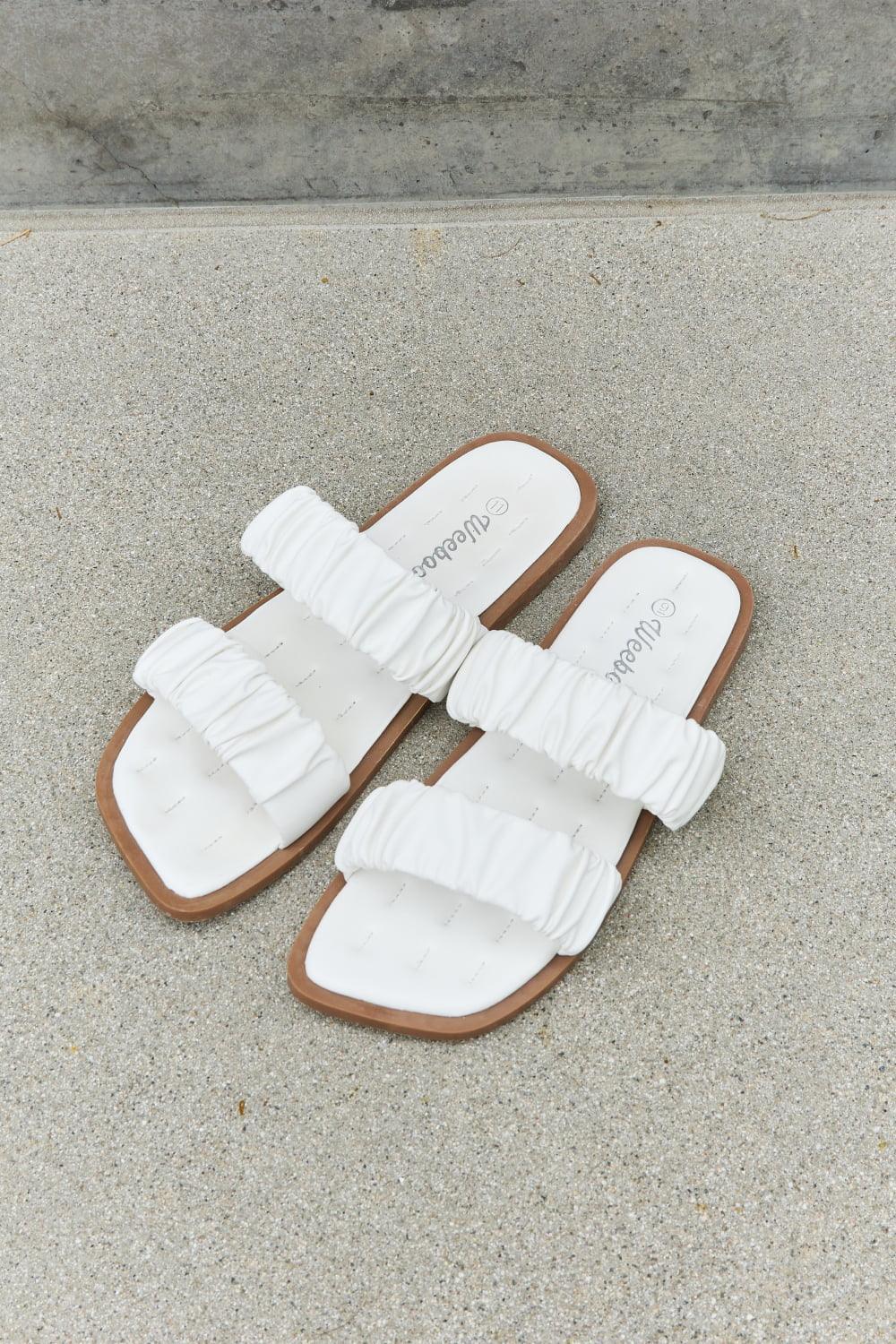 Weeboo Scrunch Double Strap White Flat Sandals - MXSTUDIO.COM