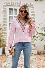 Weekend Chill Eyelet Long Sleeve V Neck Blouse - MXSTUDIO.COM