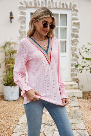 Weekend Chill Eyelet Long Sleeve V Neck Blouse - MXSTUDIO.COM