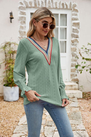 Weekend Chill Eyelet Long Sleeve V Neck Blouse - MXSTUDIO.COM