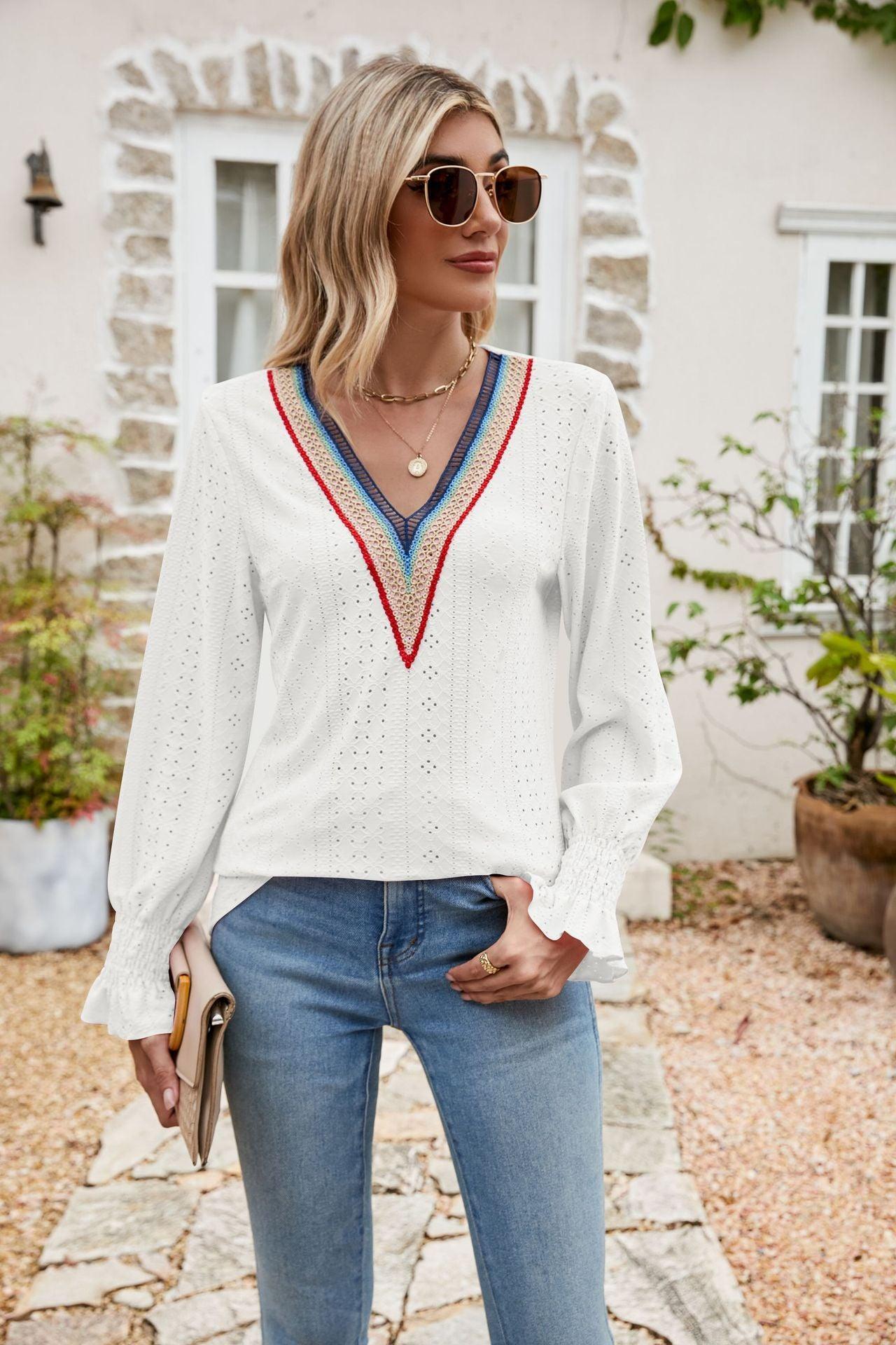 Weekend Chill Eyelet Long Sleeve V Neck Blouse - MXSTUDIO.COM