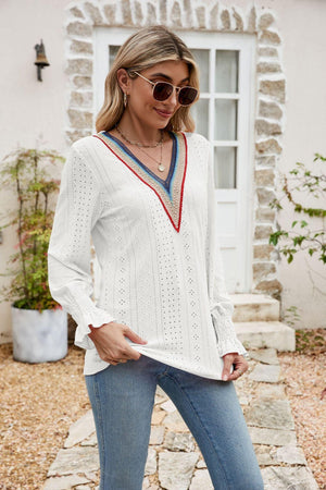 Weekend Chill Eyelet Long Sleeve V Neck Blouse - MXSTUDIO.COM