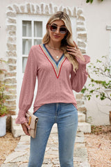 Weekend Chill Eyelet Long Sleeve V Neck Blouse - MXSTUDIO.COM