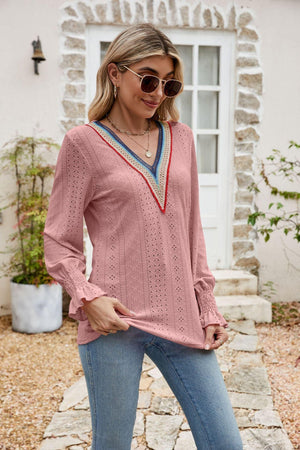 Weekend Chill Eyelet Long Sleeve V Neck Blouse - MXSTUDIO.COM