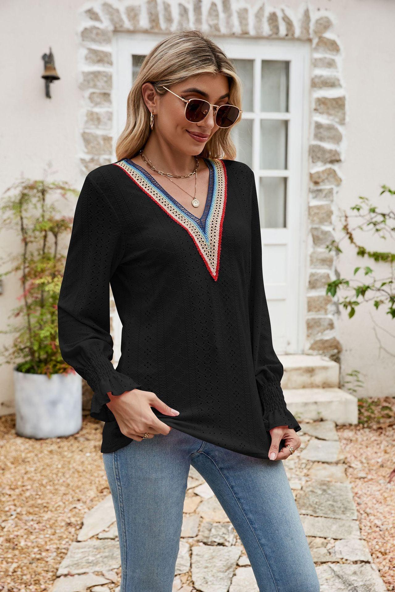 Weekend Chill Eyelet Long Sleeve V Neck Blouse - MXSTUDIO.COM