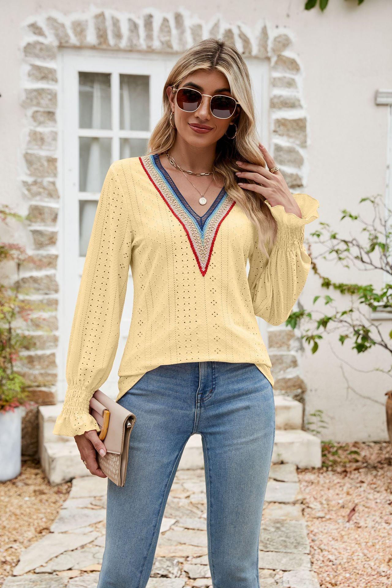 Weekend Chill Eyelet Long Sleeve V Neck Blouse - MXSTUDIO.COM