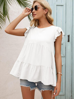 Weekend In Style Flutter Sleeve Tiered Blouse - MXSTUDIO.COM