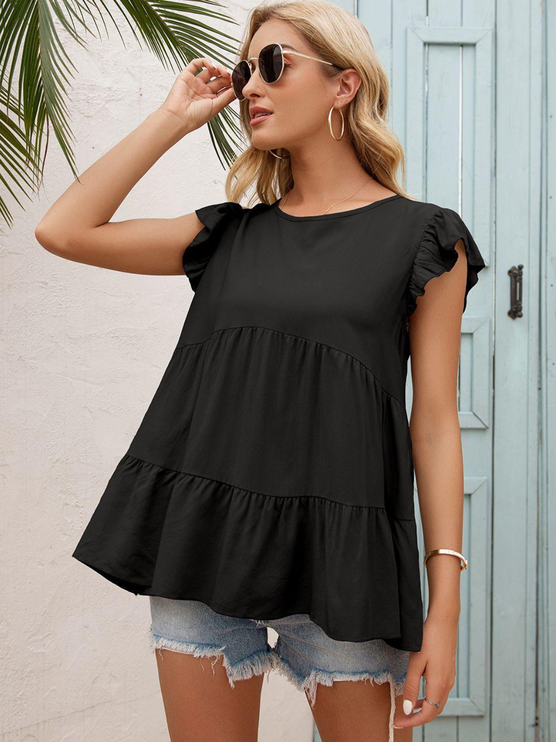 Weekend In Style Flutter Sleeve Tiered Blouse - MXSTUDIO.COM