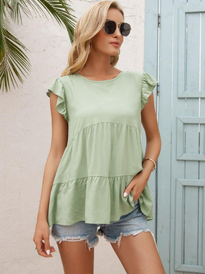 Weekend In Style Flutter Sleeve Tiered Blouse - MXSTUDIO.COM