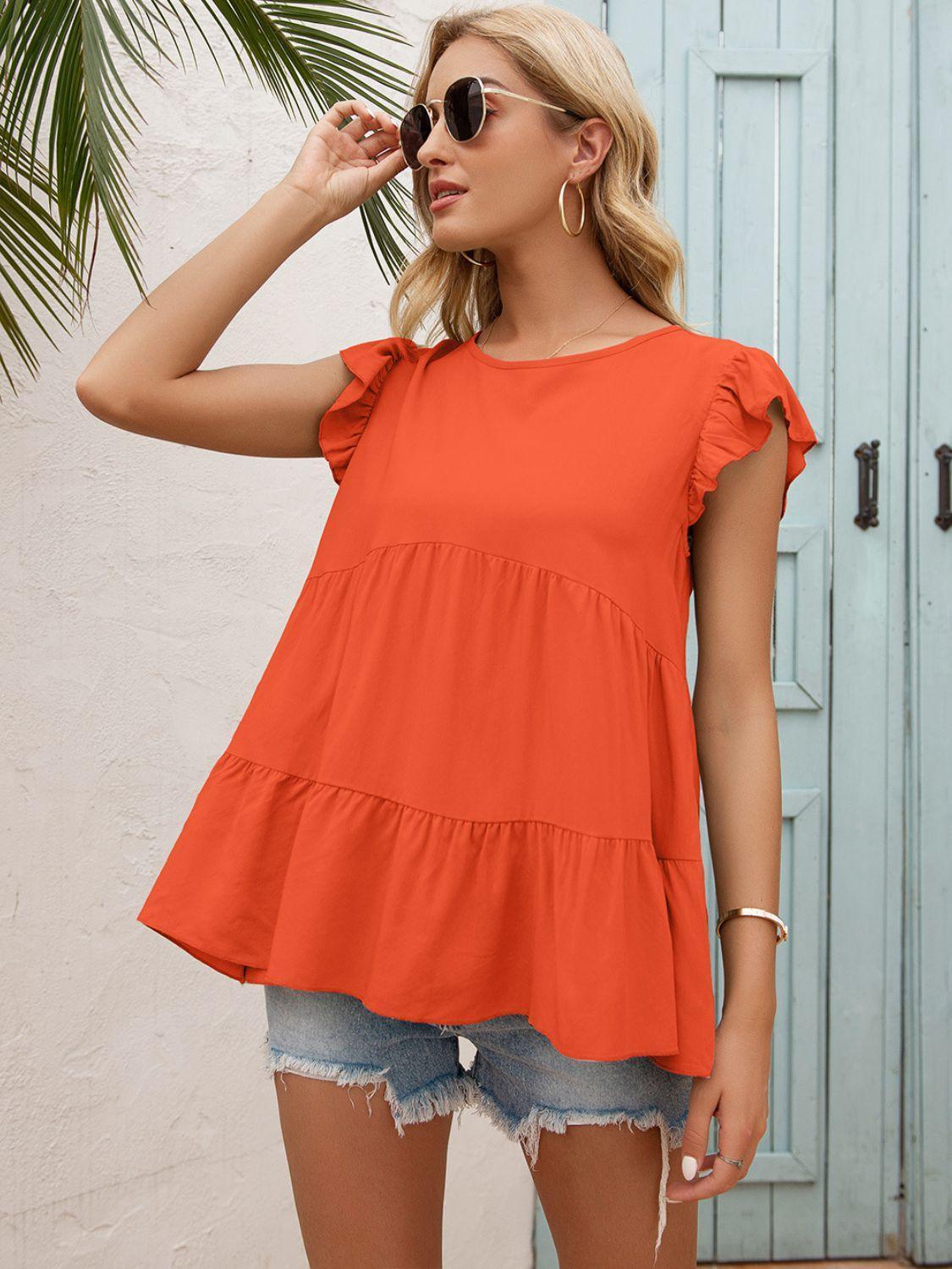 Weekend In Style Flutter Sleeve Tiered Blouse - MXSTUDIO.COM