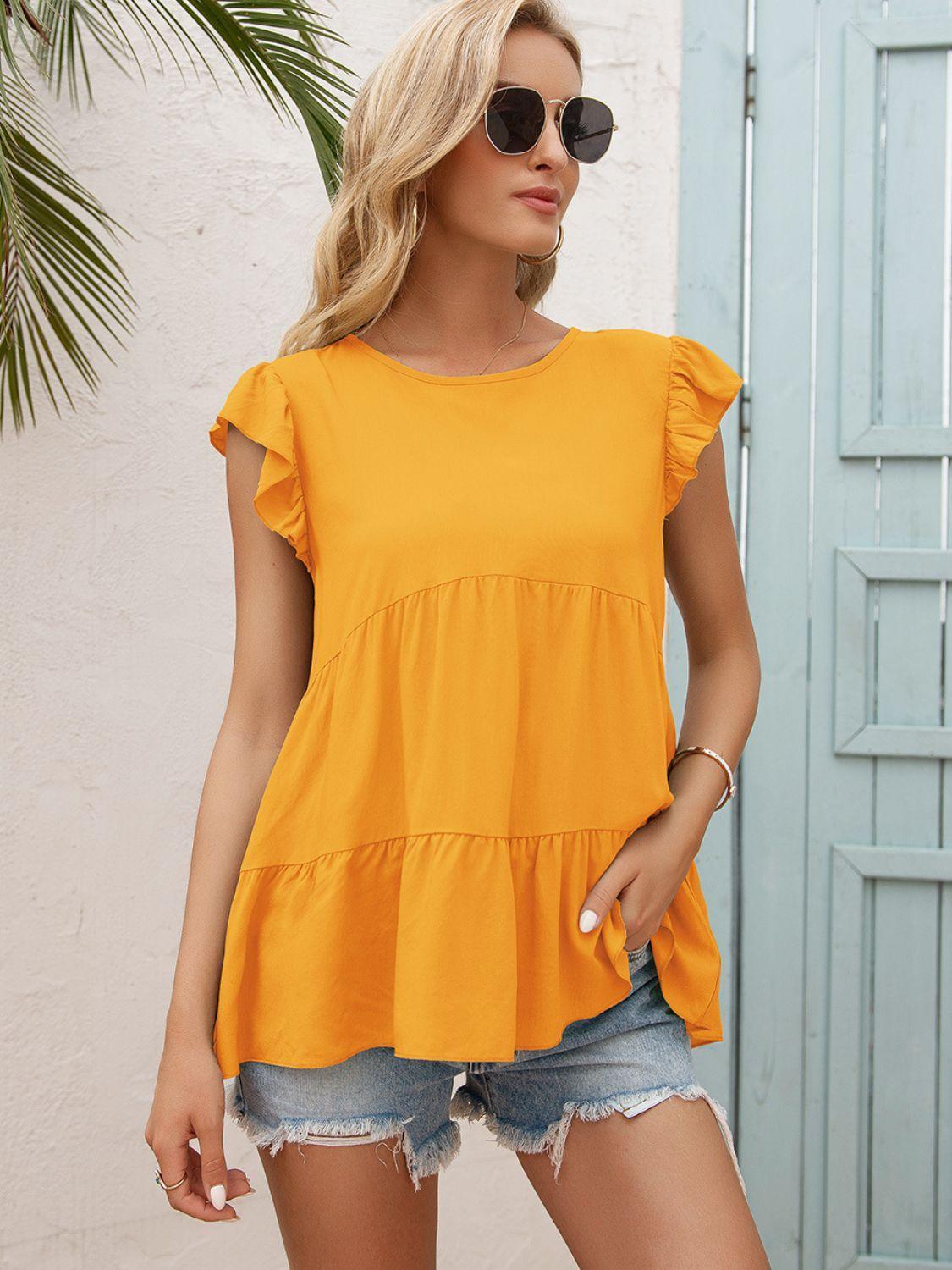 Weekend In Style Flutter Sleeve Tiered Blouse - MXSTUDIO.COM