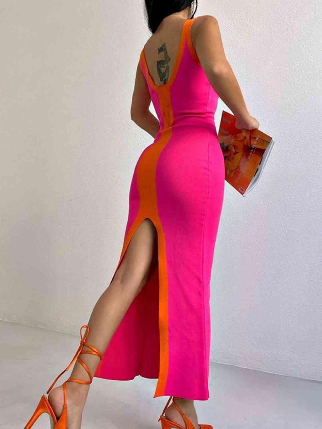 a woman in a pink and orange dress