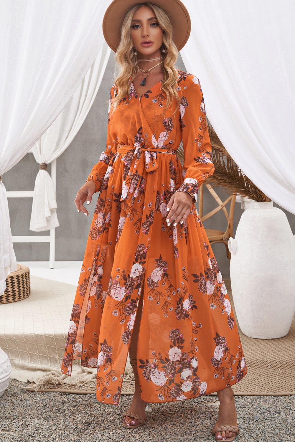 Well-Known Orange Floral Slit Maxi Dress - MXSTUDIO.COM