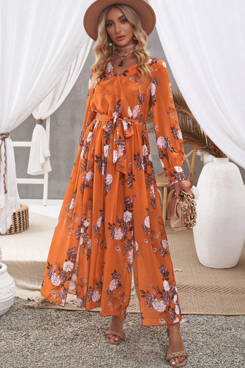 Well-Known Orange Floral Slit Maxi Dress - MXSTUDIO.COM