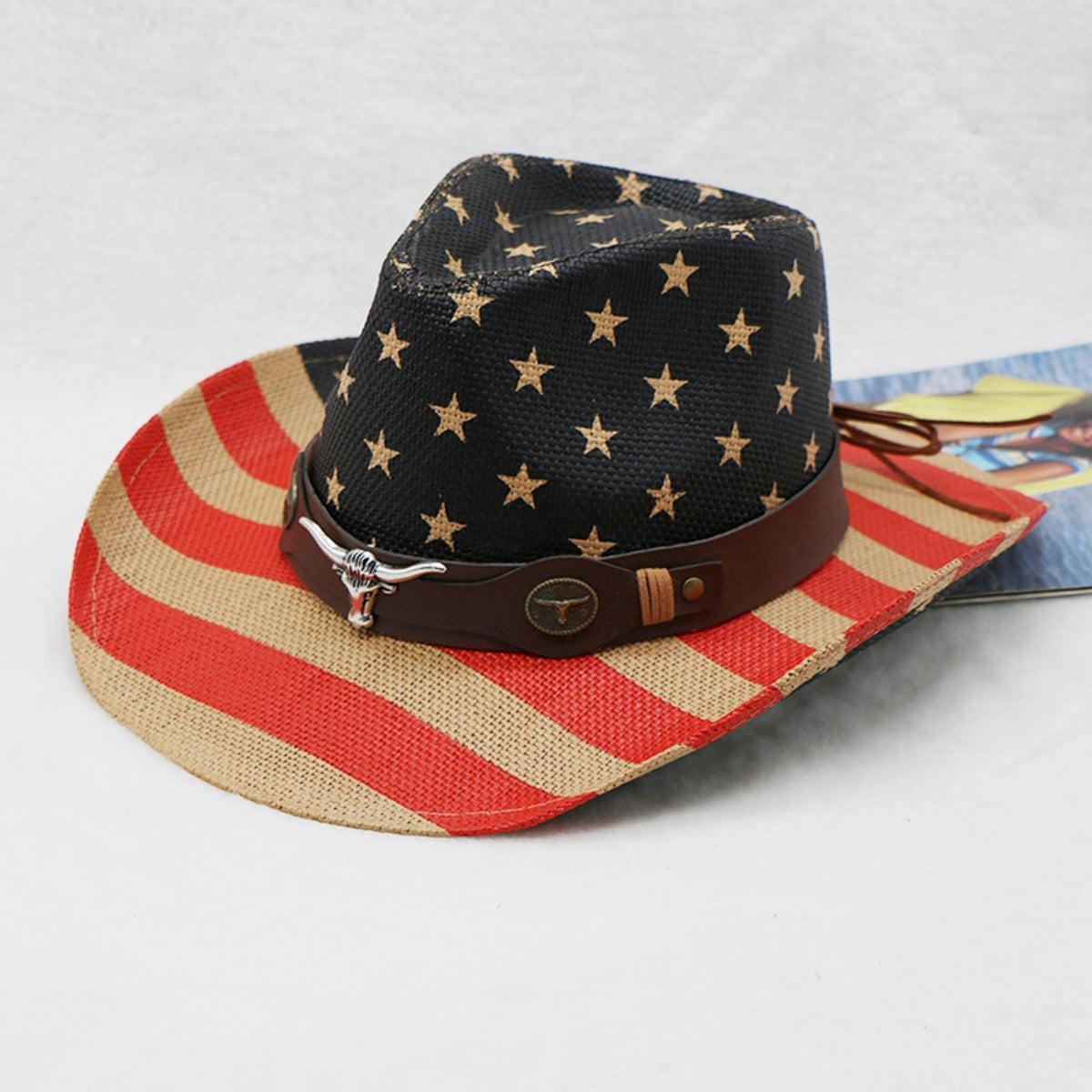 a hat with a leather band and stars on it