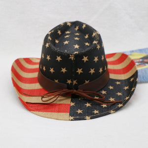 a hat with a brown leather band and stars on it