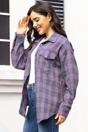 Western Vibe Buttoned Down Plaid Long Sleeve Shirt-MXSTUDIO.COM