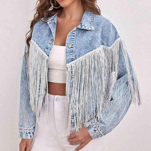 Western Vibe Light Wash Fringe Denim Jacket - MXSTUDIO.COM