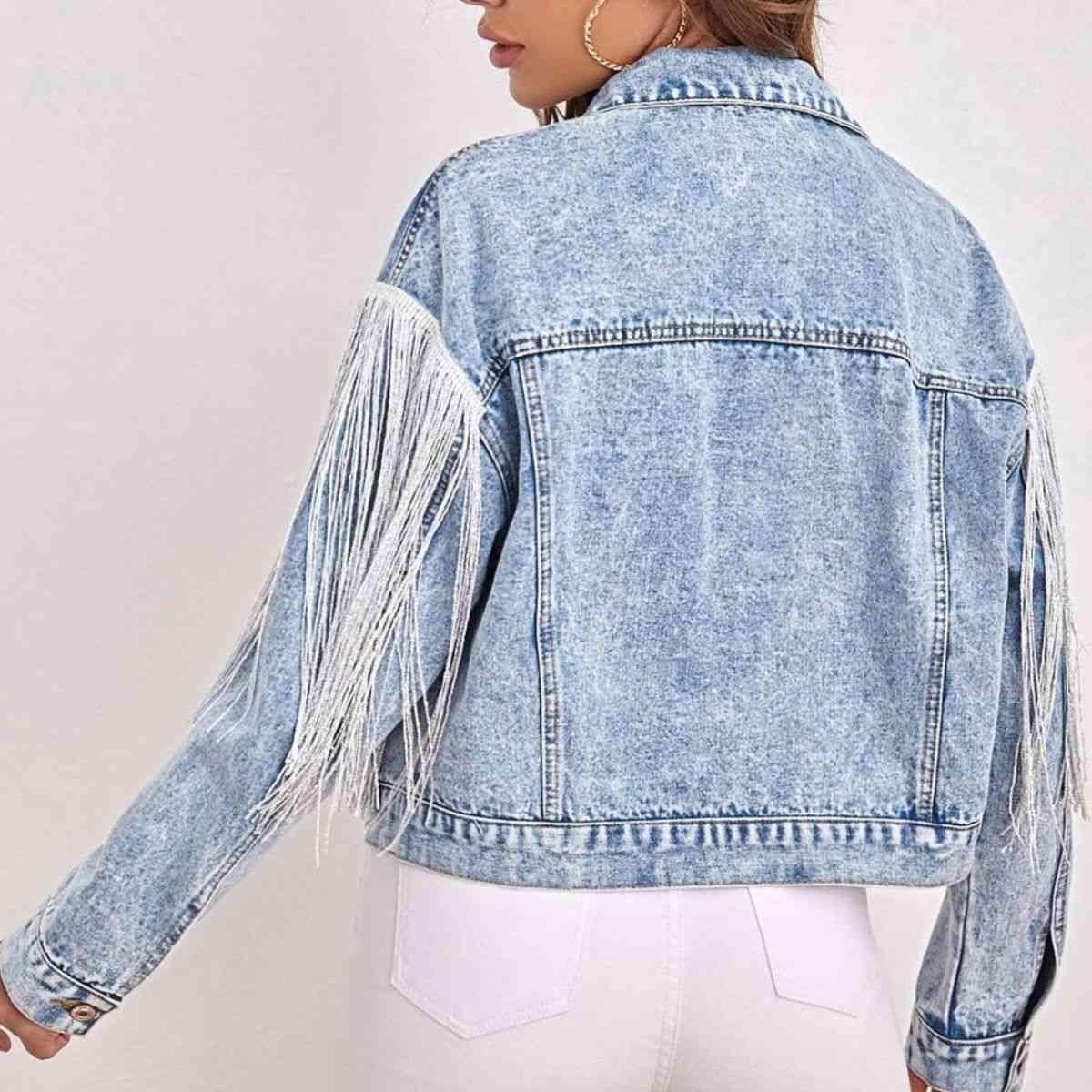 Western Vibe Light Wash Fringe Denim Jacket - MXSTUDIO.COM