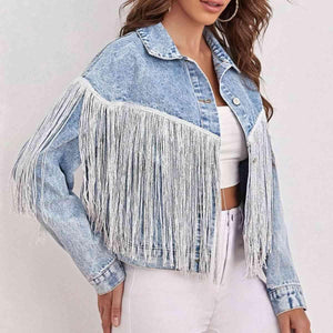 Western Vibe Light Wash Fringe Denim Jacket - MXSTUDIO.COM