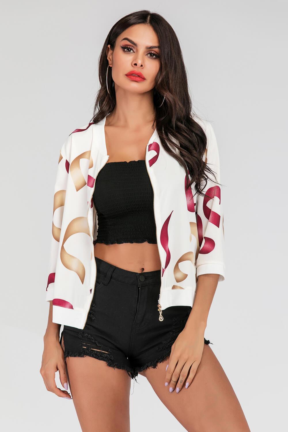 White Printed Bomber Jacket - MXSTUDIO.COM