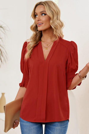 Wholesome Puff Sleeve Notched Neck Blouse - MXSTUDIO.COM