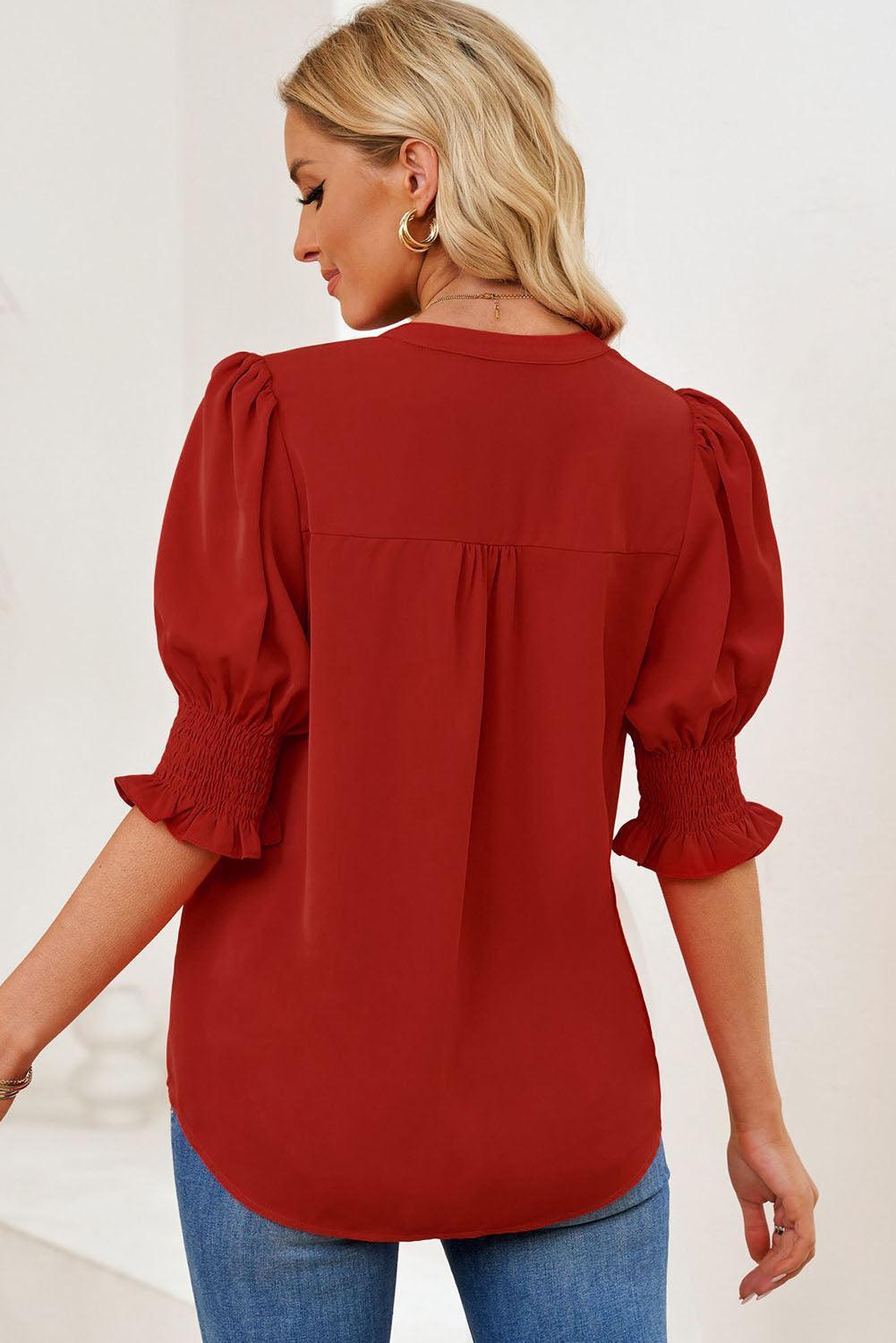 Wholesome Puff Sleeve Notched Neck Blouse - MXSTUDIO.COM