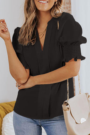 Wholesome Puff Sleeve Notched Neck Blouse - MXSTUDIO.COM