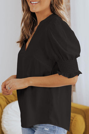 Wholesome Puff Sleeve Notched Neck Blouse - MXSTUDIO.COM